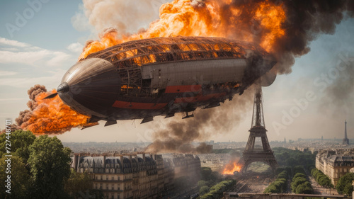 major disaster of a giant airship crashing with smoke and flames into the eiffel tower in paris photo