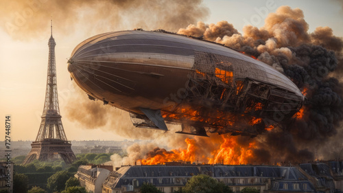 major disaster of a giant airship crashing with smoke and flames into the eiffel tower in paris