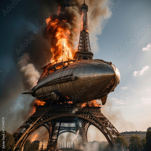 major disaster of a giant airship crashing with smoke and flames into the eiffel tower in paris photo