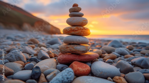 Serene Stack of Stones at Beachside Sunset
