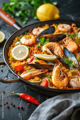 Tradicional Spanish paella with seafood. A dish of rice, shrimp, mussels and other sea creatures. Beautiful still life for restaurant poster