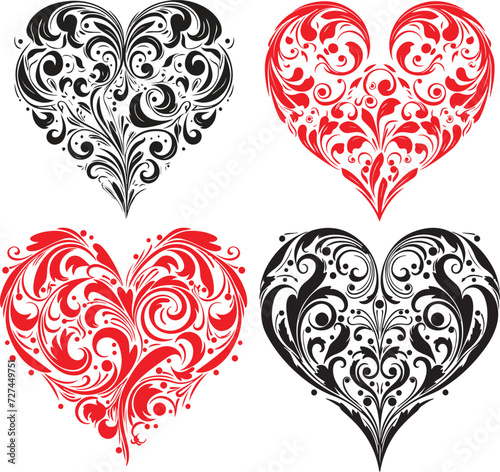 Floral Love Heart Vector Illustration Set