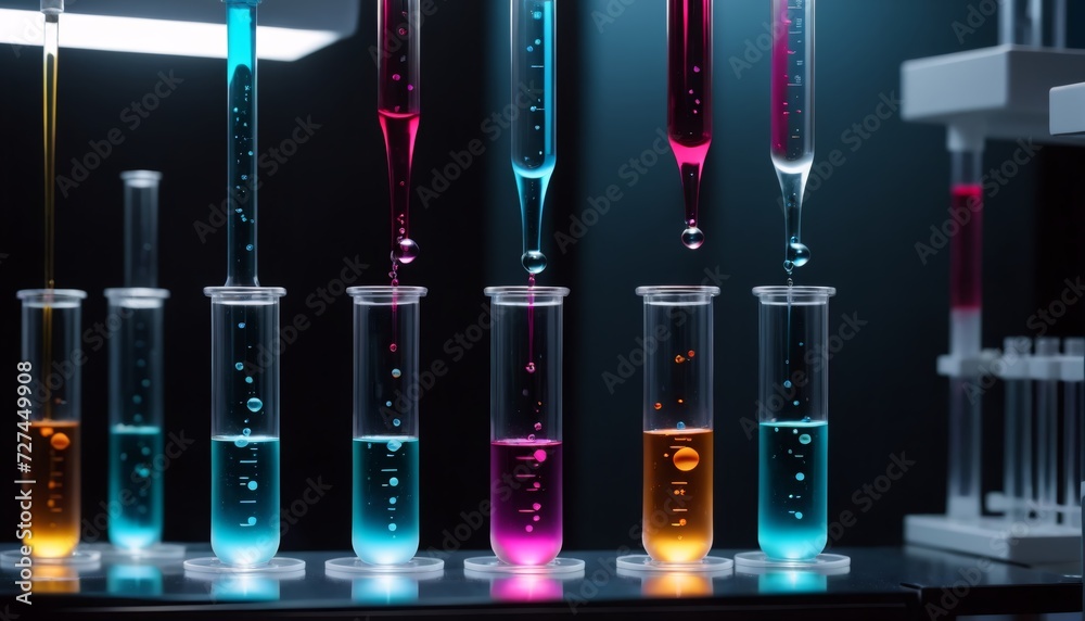 Test tubes filled with different colored liquids show chemical reactions with a wide variety of substances