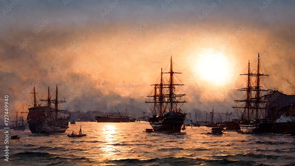 sea and old ships landscape oil painting, watercolor, oil painting for printing, painting on canvas, beautiful view
