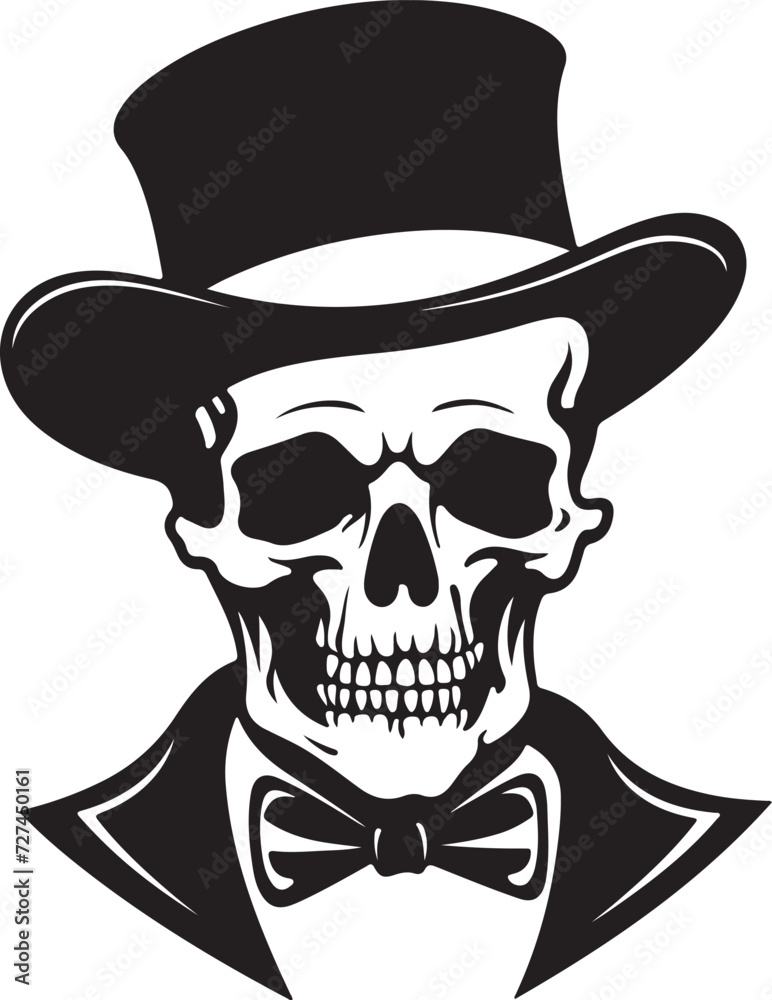 Skull in Top Hat and Bow Tie Vector Illustration