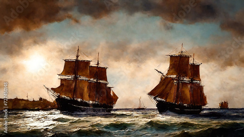 Wallpaper Mural sea and old ships landscape oil painting, watercolor, oil painting for printing, painting on canvas, beautiful view
 Torontodigital.ca