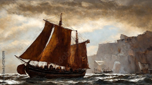 sea and old ships landscape oil painting, watercolor, oil painting for printing, painting on canvas, beautiful view

