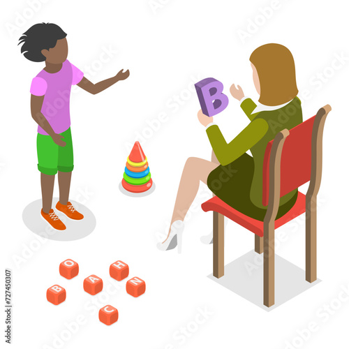3D Isometric Flat Vector Illustration of Dyslexia, Kids Speaking Problems. Item 2