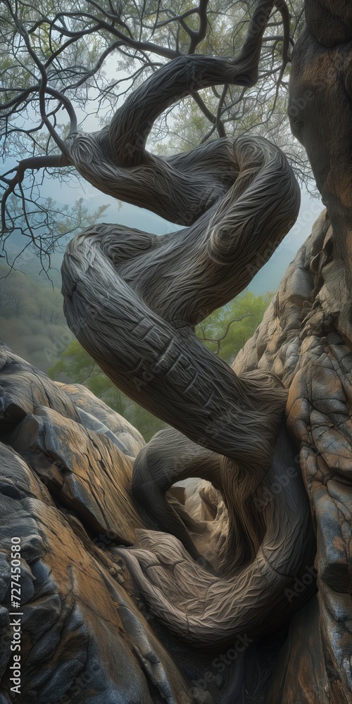 an old twisted tree grows between two rocks