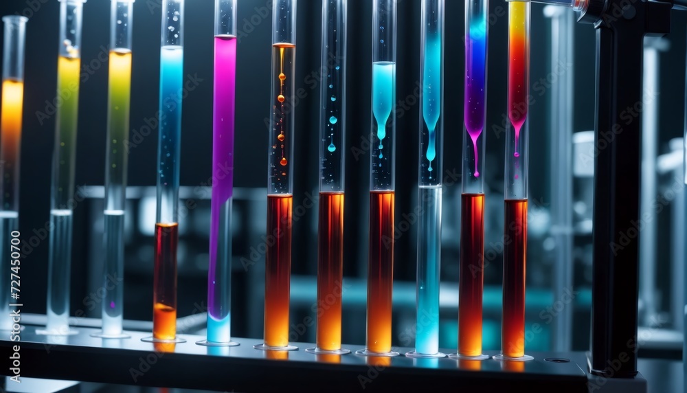 Test tubes filled with different colored liquids show chemical reactions with a wide variety of substances Test tubes filled with different colored liquids show chemical reactions with a wide variety of substances