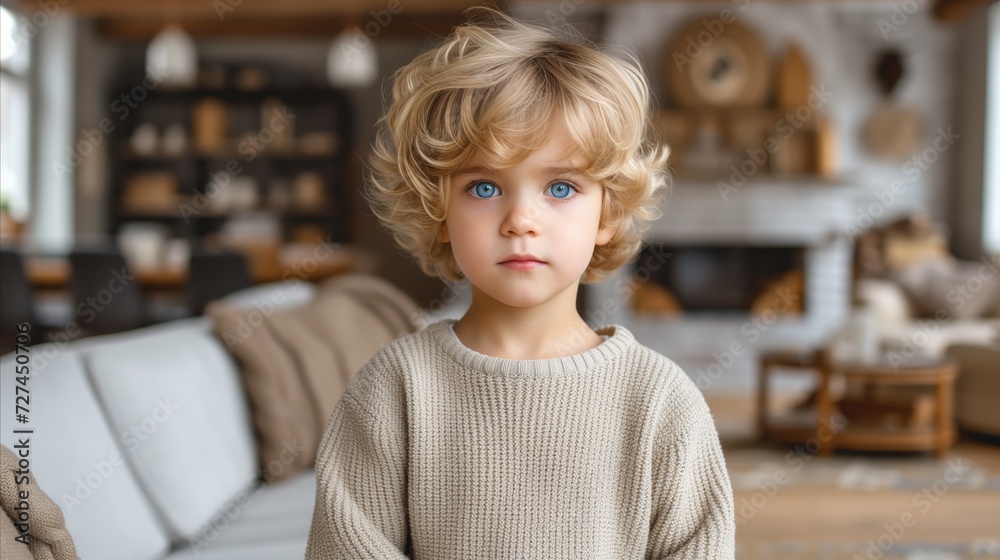 Little Boy Standing in Front of Couch Little Boy Standing in Front of Couch