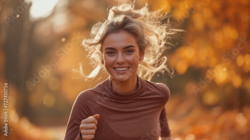 Smiling Woman Jogging in Autumn Park at Sunset