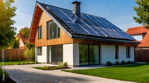 A modern  eco-friendly home with solar panels on the gable roof