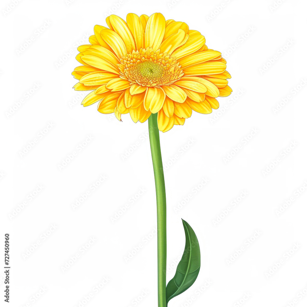 Fototapeta premium A cheerful illustration of a single yellow gerbera daisy with a green stem and leaves, presented on a pristine white background