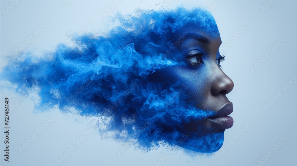 Fototapeta premium Surreal Portrait of Woman With Blue Smoke