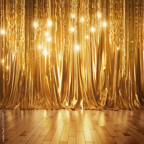 Gold Curtain With Hanging Lights Created With Generative AI Technology photo