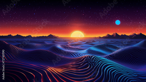 Surreal Neon Dunes at Sunset with Starry Sky