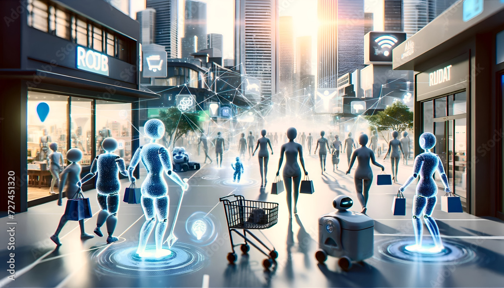 © Ryan - Urbane Kreuzung mit holographischen Menschen und interaktiver Vernetzung.