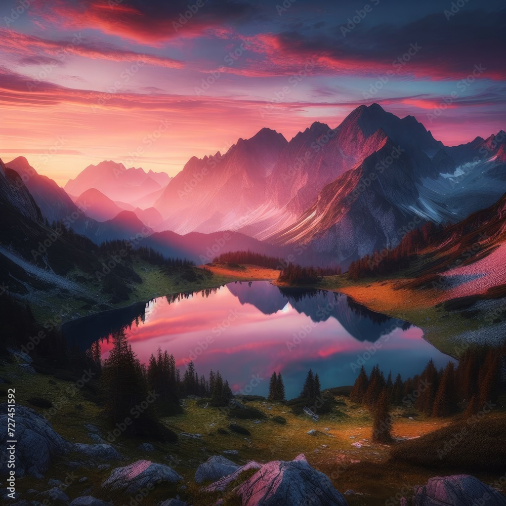 A mountain sunrise paints the sky in hues of pink and orange, casting a soft glow over a mirrored lake nestled between majestic peaks.