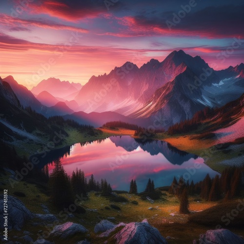 A mountain sunrise paints the sky in hues of pink and orange, casting a soft glow over a mirrored lake nestled between majestic peaks.