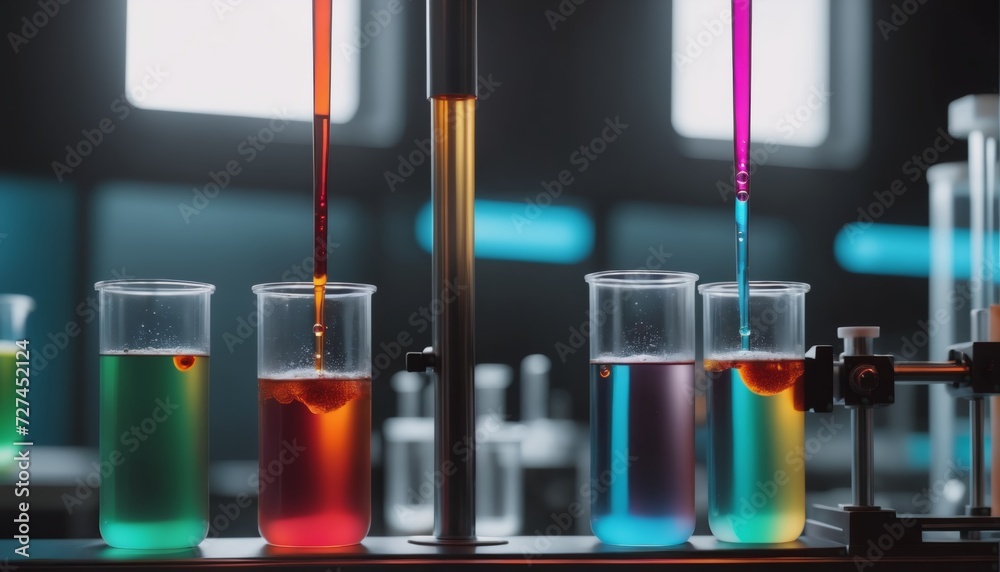 Test tubes filled with different colored liquids show chemical reactions with a wide variety of substances Test tubes filled with different colored liquids show chemical reactions with a wide variety of substances