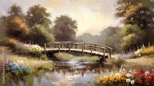 old wooden bridge over the river landscape oil painting, watercolor, oil painting for printing, painting on canvas, beautiful view