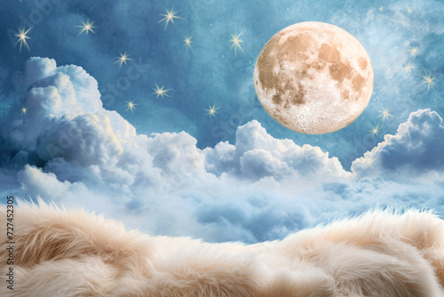 Digital background for newborns. Fluffy Fur Cradle Newborn Fur Basket Digital Moon Stars Composite Background for Newborn Photography Montage photo