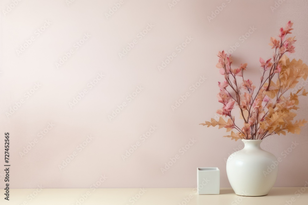 Pastel wall mockup with copy space, decorated in autumn style with a bouquet of leaves Pastel wall mockup with copy space, decorated in autumn style with a bouquet of leaves