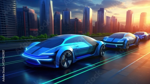 Three New models of Eco Futuristic Cars Speeding Through a Cityscape © Artur48