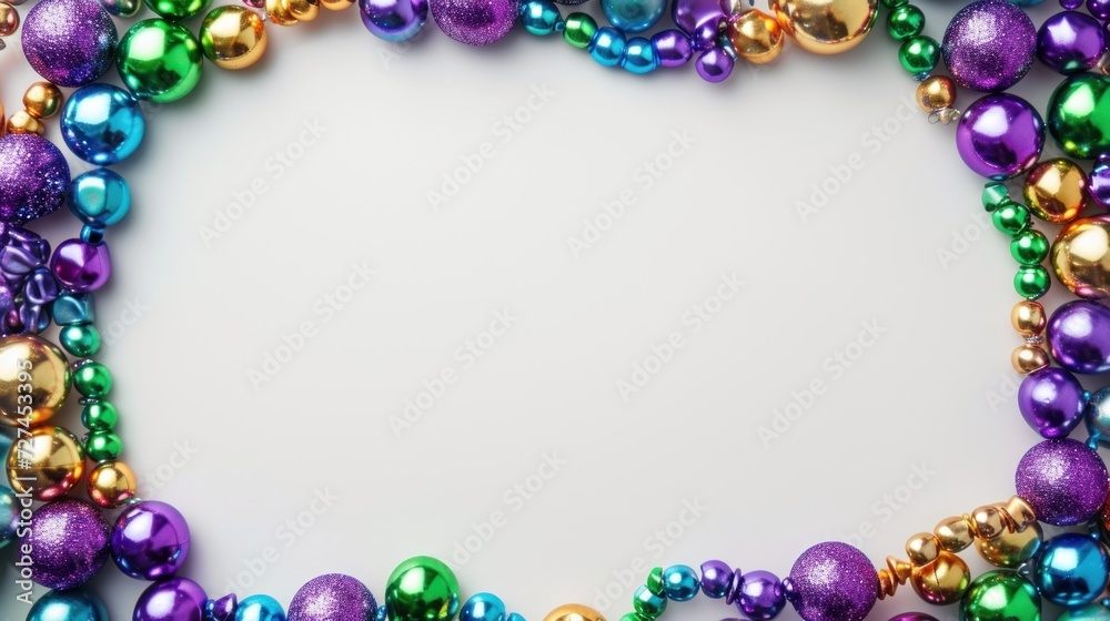 Fototapeta premium Mardi gras beads colorful frame on white background.