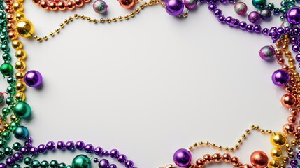 Mardi gras beads colorful frame on white background.