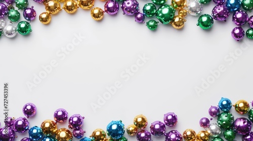 Mardi gras beads colorful frame on white background. photo
