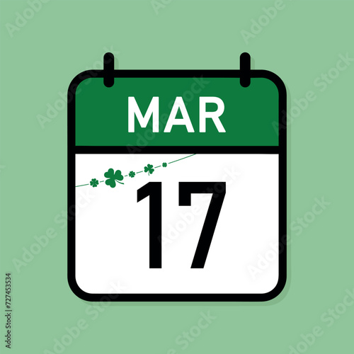 March 17 calendar date, St. Patrick s Day celebration, holiday date on desktop calendar, vector design element