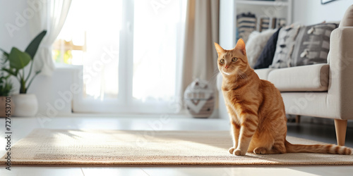 a beautiful smooth-haired domestic cat of the oriental breed sits on a carpet, a stylish light modern apartment, space for text, pet, feline, Scandinavian interior, sun, living room, apartment, cats © Julia Zarubina