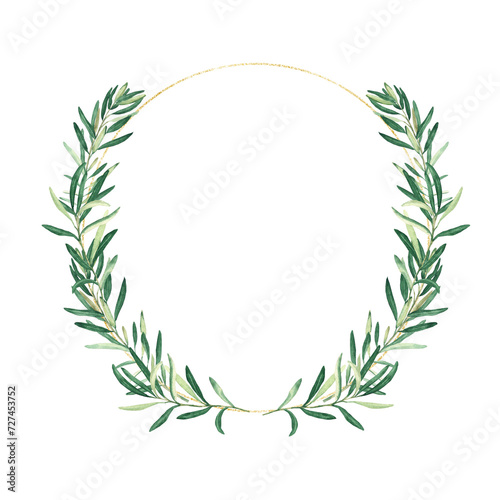 Golden circle frame  wreath with olive branches isolated on white background. For wedding stationery  invitations  save the date  greeting card  logos.
