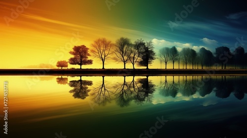 A Serene Lake Surrounded by Lush Trees  with a Vibrant Rainbow in the Sky