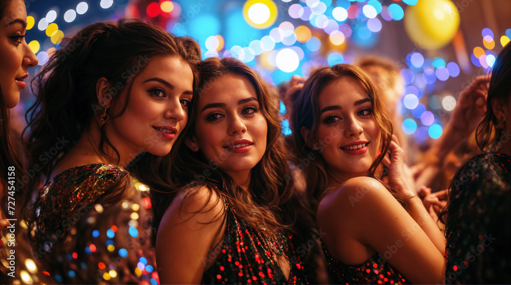 Three glamorous women in sequined dresses enjoying a festive celebration with colorful bokeh lights in the background - Generative AI