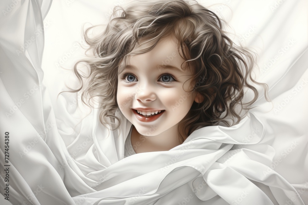 Close-up colorful pencil drawing of a cute baby with a heartwarming smile on a white sheet of paper