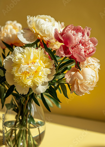 bouquet of peonies pretty, studio photo, yellow background