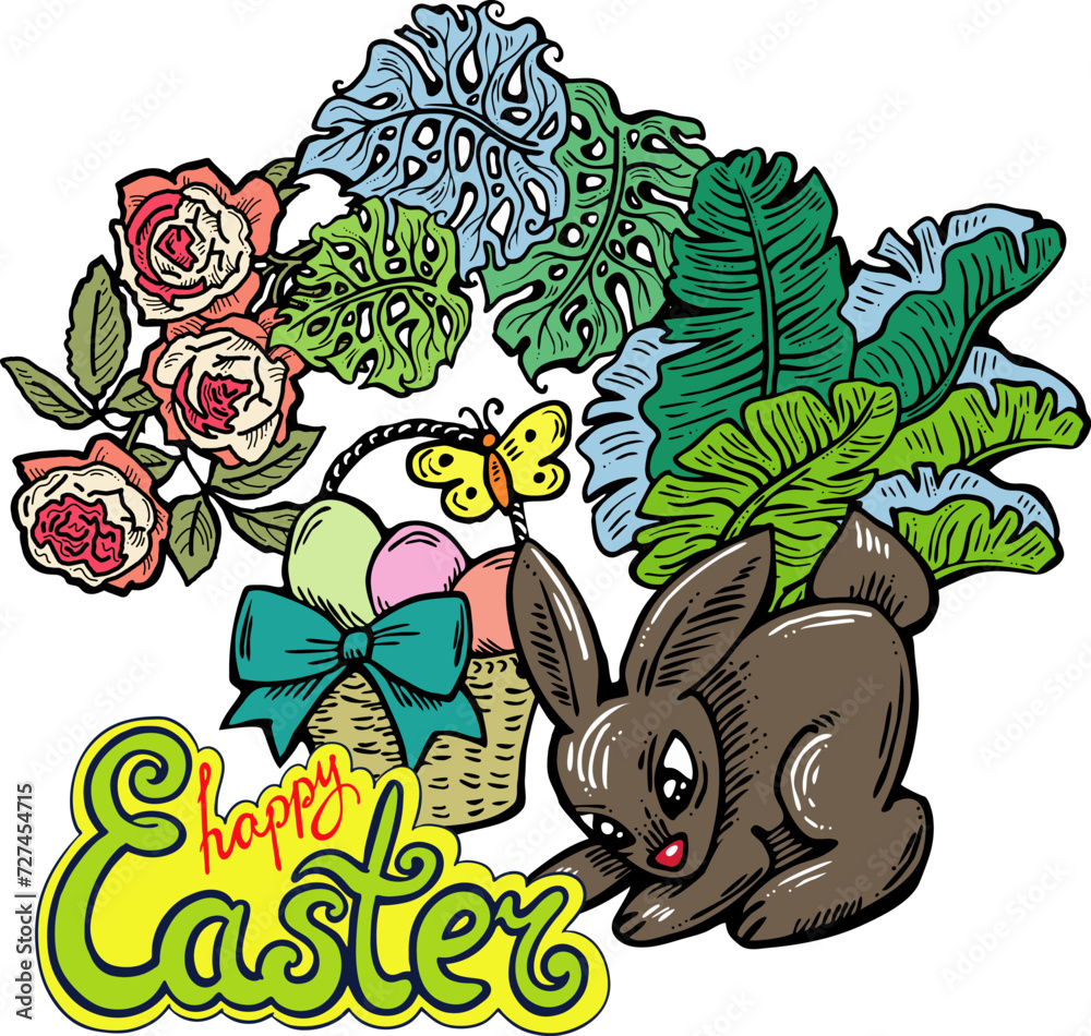 Fototapeta premium Easter bunny with basket, eggs, flowers, butterfly. Decorative vector design composition for poster print, greeting card, kids party invitation. Hand drawn illustration. Vintage cartoon style drawing.
