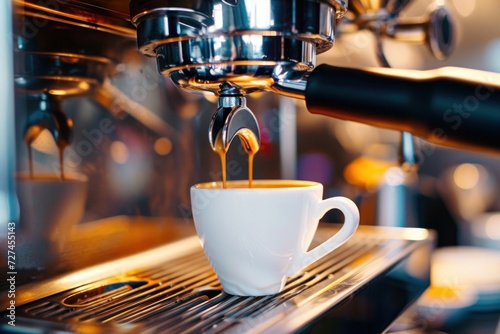 Espresso coffee machine making espresso coffee in cafe.
