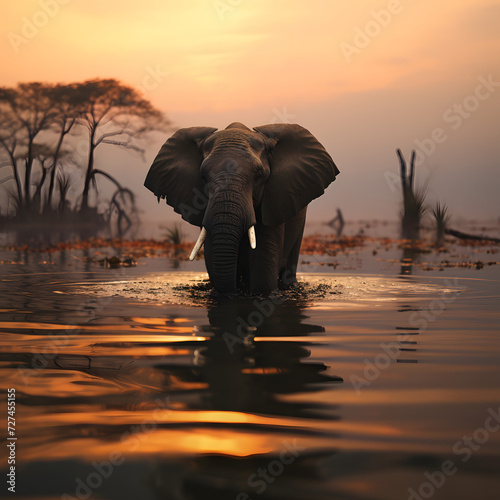 elephant in middle in the lake maedow, wildlife, blurry background © john