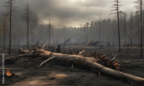 A pile of rubble and a lonely fallen tree spread out on the site of a burnt-out forest. forest. deforestation. environment. forest. wood.  © wagstock