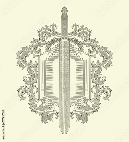 antique sword with ornament and frame, vintage engraving drawing style illustration