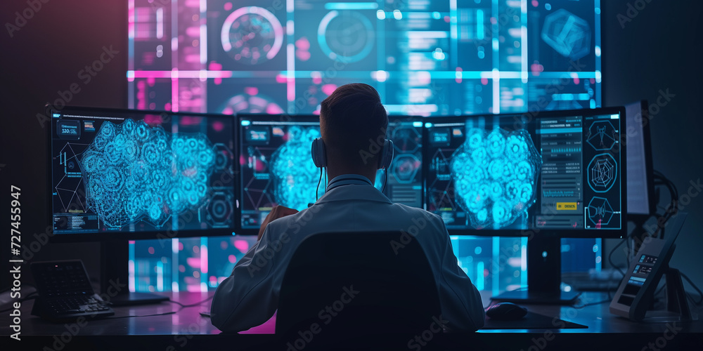 Expert analyst working with futuristic AI brain interface on multiple computer screens in a dark office.