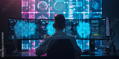 Expert analyst working with futuristic AI brain interface on multiple computer screens in a dark office.