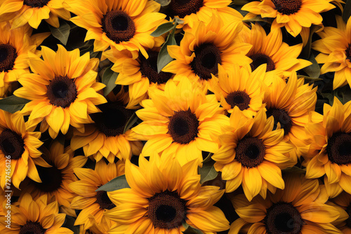 A close up of sunflowers in the field, creative background field with flowers