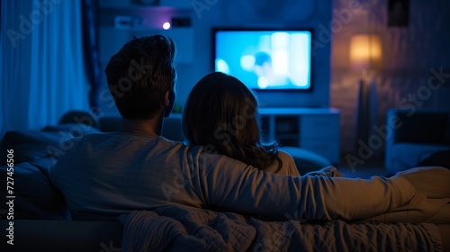 Couple watching movie on sofa at night, back view.