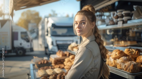 Young businesswoman. Against the backdrop of his own bakery business. Bakery and trucks on the background. Sunny day. Success. Business
