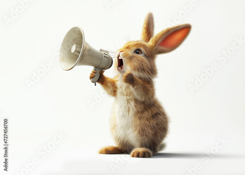 A crazy, cute easter bunny with a megaphone. Promotion, action, holiday, ad, job questions. Vacancy. Business discount concept, communication, information, news, team media relations. photo